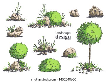 Big set of hand-drawn stylish illustrations of trees, bushes, cameos, grass for landscape design. Isolated on white background. Vector.
