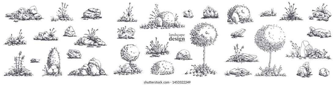Big set of hand-drawn stylish illustrations of trees, bushes, cameos, grass for landscape design. Isolated on white background. Vector.

