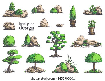 Big set of hand-drawn stylish illustrations of trees, bushes, cameos, grass for landscape design. Isolated on white background. Vector.
