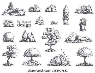 Big set of hand-drawn stylish illustrations of trees, bushes, cameos, grass for landscape design. Isolated on white background. Vector.
