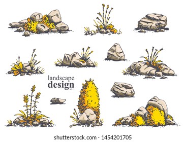 Big set of hand-drawn stylish illustrations of trees, bushes, cameos, grass for landscape design. Isolated on white background. Vector.
