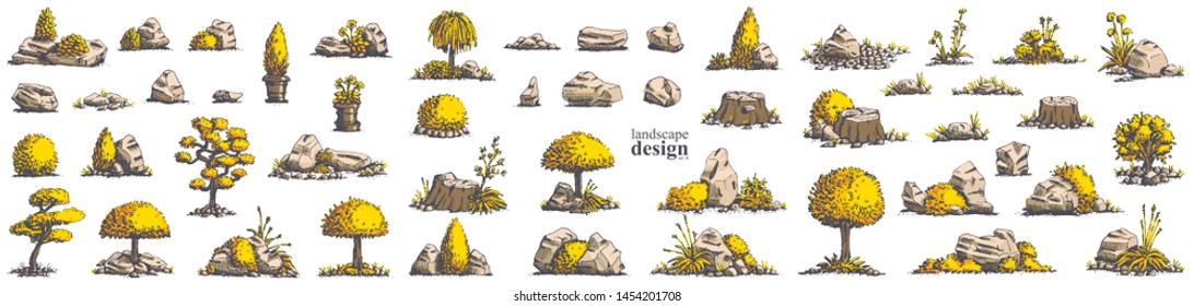 Big set of hand-drawn stylish illustrations of trees, bushes, cameos, grass for landscape design. Isolated on white background. Vector.
