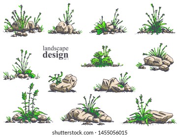 Big set of hand-drawn stylish illustrations of trees, bushes, cameos, grass for landscape design. Isolated on white background. Vector.
