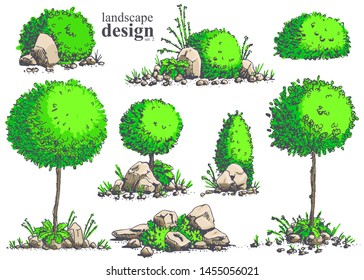 Big set of hand-drawn stylish illustrations of trees, bushes, cameos, grass for landscape design. Isolated on white background. Vector.
