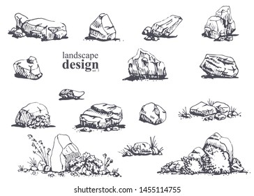 Big set of hand-drawn stylish illustrations of trees, bushes, cameos, grass for landscape design. Isolated on white background. Vector.
