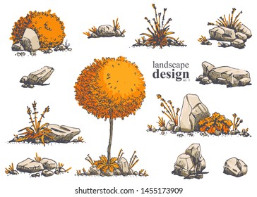 Big set of hand-drawn stylish illustrations of trees, bushes, cameos, grass for landscape design. Isolated on white background. Vector.
