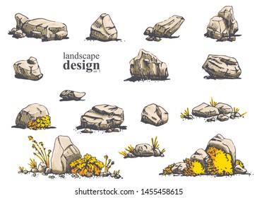 Big set of hand-drawn stylish illustrations of trees, bushes, cameos, grass for landscape design. Isolated on white background. Vector.
