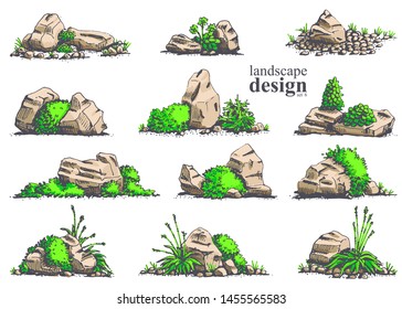 Big set of hand-drawn stylish illustrations of trees, bushes, cameos, grass for landscape design. Isolated on white background. Vector.
