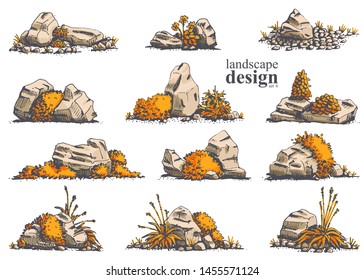 Big set of hand-drawn stylish illustrations of trees, bushes, grass for landscape design. Isolated on white background. Vector.
