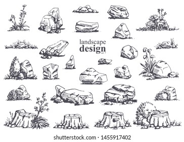 Big set of hand-drawn stylish illustrations of trees, bushes, cameos, grass for landscape design. Isolated on white background. Vector.
