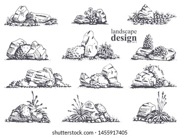 Big set of hand-drawn stylish illustrations of trees, bushes, cameos, grass for landscape design. Isolated on white background. Vector.
