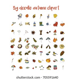 Big set of handdrawn unique autumn icons. Vector doodle illustrations. Perfect for logotypes, autumn cards, apparel design. 
