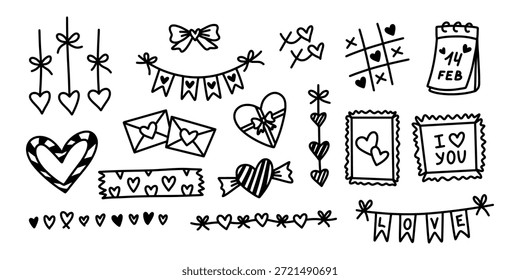 Grande conjunto de rabiscos desenhados à mão no Dia dos Namorados. Elementos de contorno preto, incluindo corações, cartas, banners, doces, calendário, selos e divisores para scrapbooking romântico e artigos de papelaria.