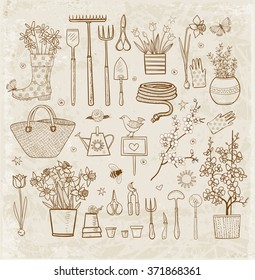 Big set of hand-drawn vintage sketch garden elements; gardening tools. straw hat, flowers in pots etc