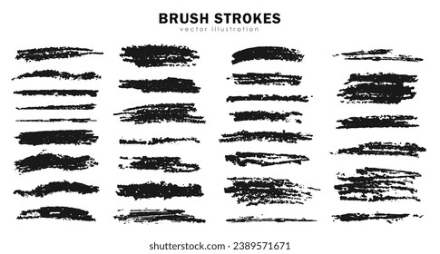 Big set of handmade black brush strokes. Vector freehand drawing grungy painted lines, detailed textured paint, charcoal pencil smears, highlighter, marker or ink brushes, artistic design elements