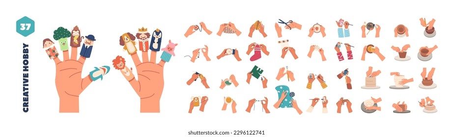 Big Set of Hands Engaged in Hobbies Activities and Diy. Arms Knitting, Making Pot, Painting and Embroider Works
