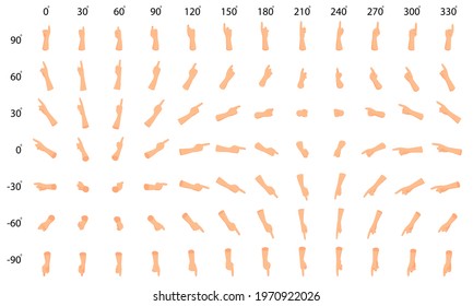 Big set of hands with forefinger. Animation of cyclic rotation of hands in isometric.