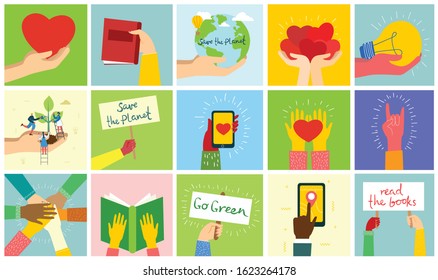 Big set of hands hold banners and phones with different messages. Modern concept for web banners, web sites, infographics. Creative flat design vector illustration