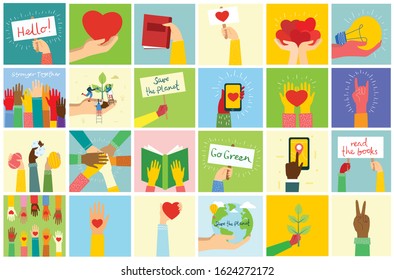 Big set of hands hold banners and phones with different messages. Modern concept for web banners, web sites, infographics. Creative flat design vector illustration