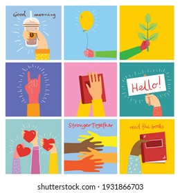 Big set of hands hold different things. Modern concept for web banners, web sites, infographics. Creative flat design vector illustration