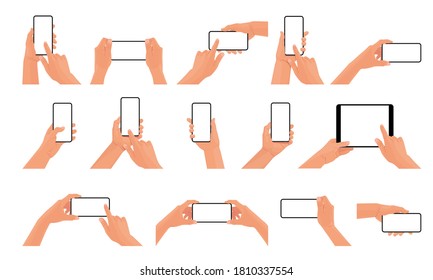 Big set of hands holding the black smartphone with blank screen and modern frameless design. Template vector illustration on isolated background. 