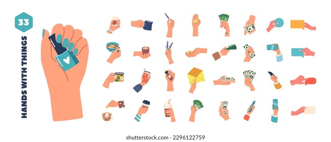 Big Set Of Hands Holding Hobbies Or Working Activities With Different Items. Smartphone, Coffee Or Tea Cup And Flower