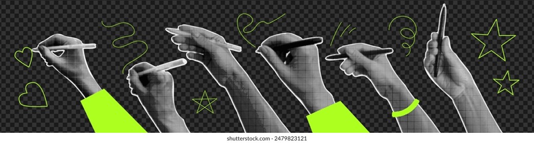 Big set of hands holding a pen. Trendy halftone collage technique with linear doodles. Grungy vector illustration.