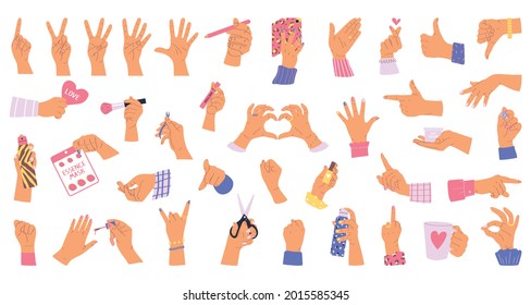 Big set of hands Isolated on white background. Collection of various gestures. Vector illustration in flat style.