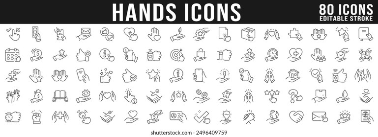 Gran conjunto de iconos de línea de manos. Punto, dedo, libro, apretón de manos, documento, etc. Trazo editable