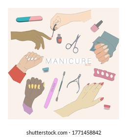 Große Handmenge mit Maniküre und Werkzeugen. Vektorgrafik für Design, Blogging, Werbung.