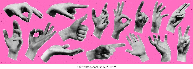 A big set of hands. Trendy halftone style for collages. Modern vector illustration.