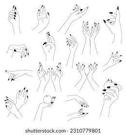 Big set of hands.Trendy linear minimal style woman hands .Esoteric and mystical design elements.Magic, wizardry and fortune-telling,witchcraft.Vector illustration