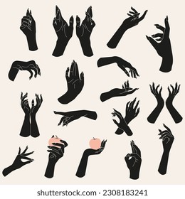 Big set of hands.Trendy minimal style woman's dark hands.Witch hands..Esoteric and mystical design elements.Magic, wizardry and fortune-telling,witchcraft.Vector illustration