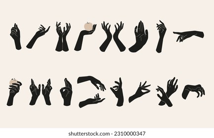  Big set of hands.Trendy minimal style woman's dark hands.Esoteric and mystical design elements.Magic, wizardry and fortune-telling,witchcraft.Vector illustration