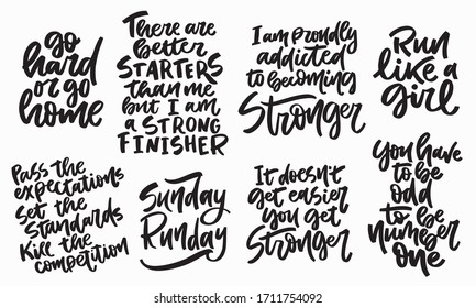 Big set of handwritten lettering quotes about running and strength. Motivational and inspirational winning sports phrases. For posters to the gym, print on clothes, banner, postcard. Vector