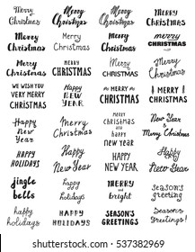 Big set of Handwritten phrase Merry Christmas and Happy New Year for Greeting Card with hand drawn lettering design. Vector isolated