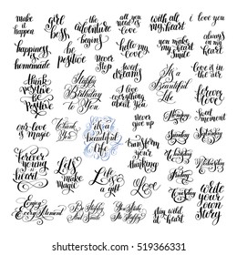 big set of handwritten positive inspirational quotes brush typography to printable wall art, photo album design, home decor, love phrase and days of the week, modern calligraphy vector illustration