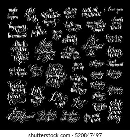 big set of handwritten positive inspirational quotes brush typography to printable wall art, photo album design, home decor, love phrase and days of the week, modern calligraphy vector illustration