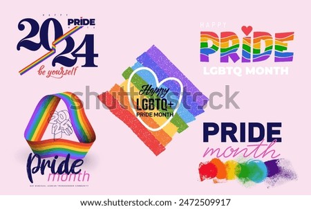 Big set of Happy 2024 Pride day with big heart on LGBT community colored background. Collection of Gay pride vector. Pride Month lettering. Love, freedom, support, peace symbol. Vector illustration.