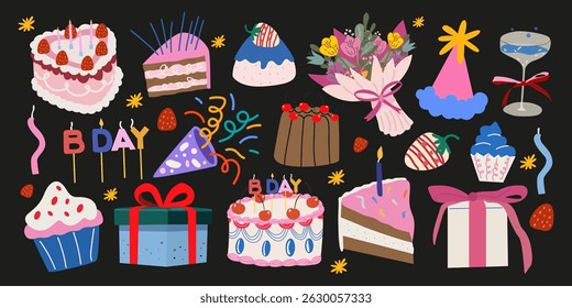 Grande conjunto de elementos Feliz Aniversário em estilo retro doodle. Cartoon adesivos de aniversário para cartões de saudação, cartões postais, cartaz, impressão, convite, evento. Bolos, presentes, flores, velas, confete