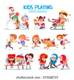 Big set of happy cartoon kids playing outdoors in winter. Kids making snowman,riding sled,running together,playing hockey,snowballs and figure skating. Kids icon set isolated on white background