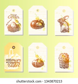 Big set of Happy Easter tags. Hand drawn animals and traditional easter things. Brush lettering. Perfect for holiday greetings