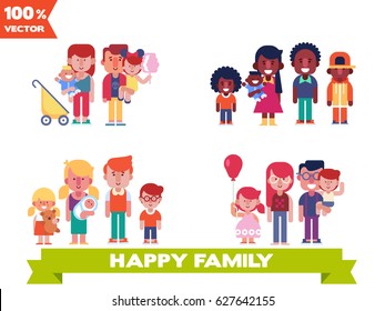 Big Set of Happy Family vector illustrations. Mom keeps baby born  in her arms. Dad keeps son and daughter. Afro-American family with his kids. Happy family portrait isolated on white background.