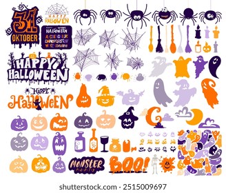 Big set of Happy Halloween Illustration. Collection of with Text Frames, Borders, and Other Decorations on White Background. Vector Halloween holidays color, Halloween pattern, card.