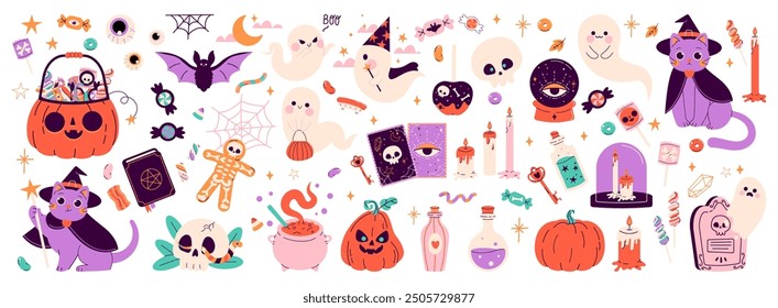 Gran conjunto de pegatinas de Feliz Halloween. Conjunto de mascotas cabeza de calabaza, gato negro, esqueleto, fantasma, ojos, murciélago, dulces de Halloween y caramelos.  Halloween, truco o trato. Ilustración vectorial en estilo plano