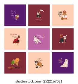 Big set of Happy Halloween vector illustrations. Funny dogs in cute Halloween costume. Hand drawn funny lettering. Ideal for holiday cards, decorations, invitations and stickers