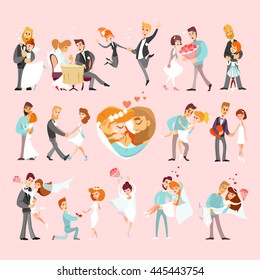 Big set of happy just married couples.Wedding couples icon set. People celebrating,dancing,sitting at table,jumping.Vector illustration