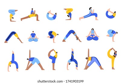 Big set of happy men and woman performs yoga exercises at home or at work. Adult male and female cartoon characters. Flat colorful vector illustration. Healthy lifestyle concept for posters.
