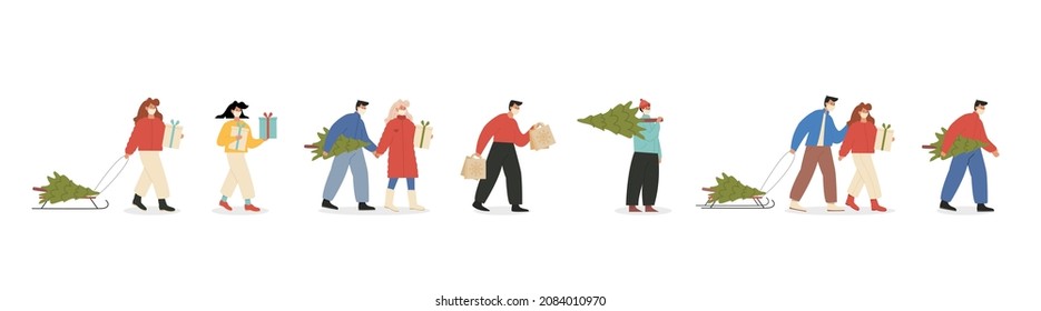 Big set of happy merry people wearing face mask, walking carrying wrapped gift boxes and sled with Christmas tree. Men and women preparing presents for Xmas and New year. Vector illustration.