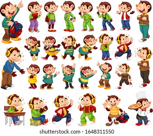 Big set of happy monkeys in different costumes illustration